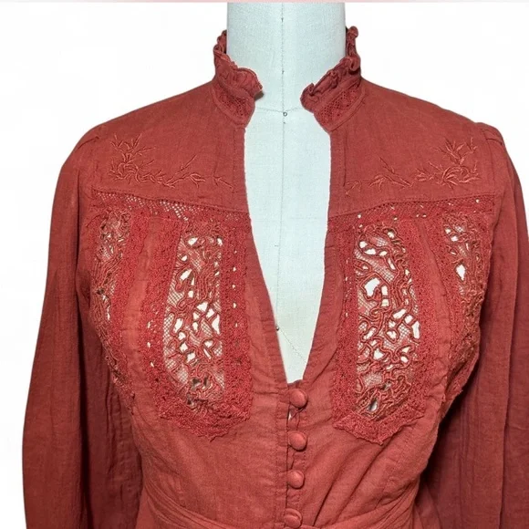 Free People Rust Lace Button-Up Blouse - Picture 3 of 7